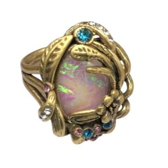 Vintage Style Dragons Breath Glass Pink Rhinestone Gold Tone Adjustable Ring - Picture 1 of 4